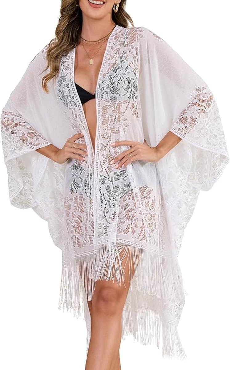 Sexy Elegante Kant Kimono Strand Cover-up voor Dames, Badpak Cover-up, Zwemkleding Omslagdoek voor Vakantie, Zwembad, Strand en Feest — afbeelding 1