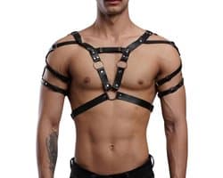 Sexy Heren Harnas Bovenlichaam – Verstelbaar Bondage Harnas - Kunstleer met Ringen – One Size - Erotiek & Bondage - Riem Voor Mannen - BDSM Sex Toys