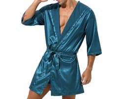 Satijnen Kimono Herenlingerie - Blauwe Kimono satijn - Heren nachtkleding - Erotisch - Glanzend - Badjas - Goede kwaliteit