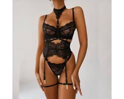 Lingerieset met jarretels voor dames, sexy kant, hoge tailleband met strikbandjes om de taille te verbergen, 4-delige set, maat M (bovenlengte 15 cm, broeklengte 23 cm, roklengte 23 cm)