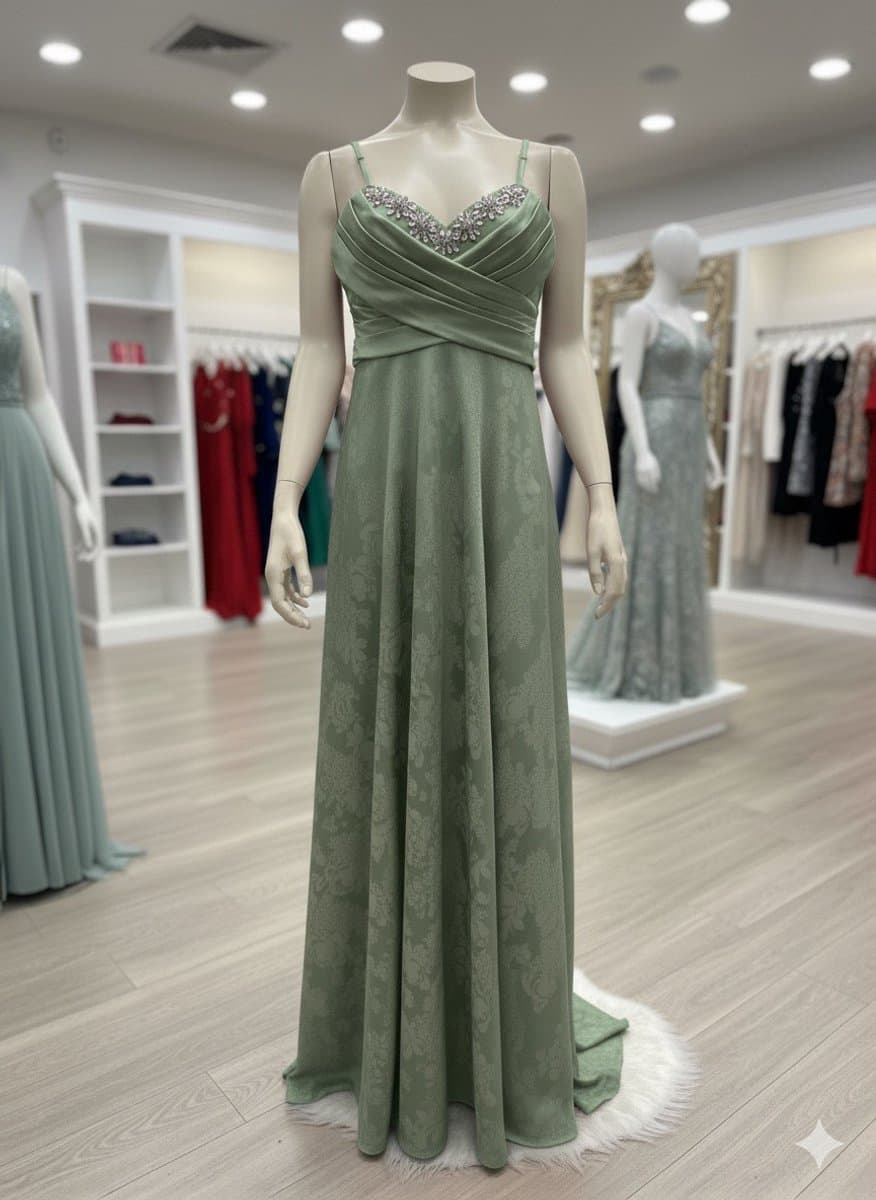 Lange Satijnen Avondjurk Dames – Elegante Gala Jurk met Kant & Verstelbare Bandjes – Luxe Feestjurk - Baby Green — afbeelding 1