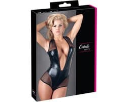 Cottelli Collection – Body in Combinatie Wetlook en Powernet met Diepe V Hals voor Seductie – Maat L – Zwart