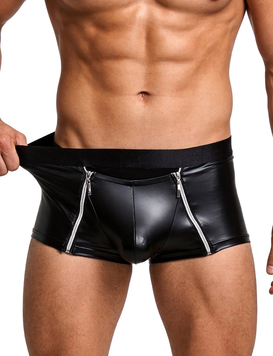 Sexy Heren Boxer Lederlook met Dubbele Rits - PU Wetlook Open Kruis Boxershort Mannen - Fetish & Clubwear - Maat L — afbeelding 1