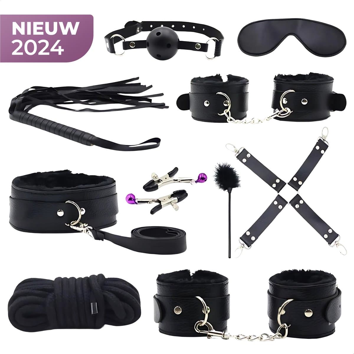 BDSM Set - 10 Delig - Gag Ball & Zweep - Seksspeeltjes - Handboeien - Zwart — afbeelding 1