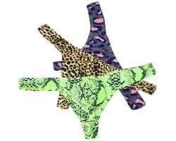 LekkerStout Heren Strings 3-Pack - Luipaard, Camouflage & Neon Snake Print - Sexy Herenondergoed | XL | ( LS103 )