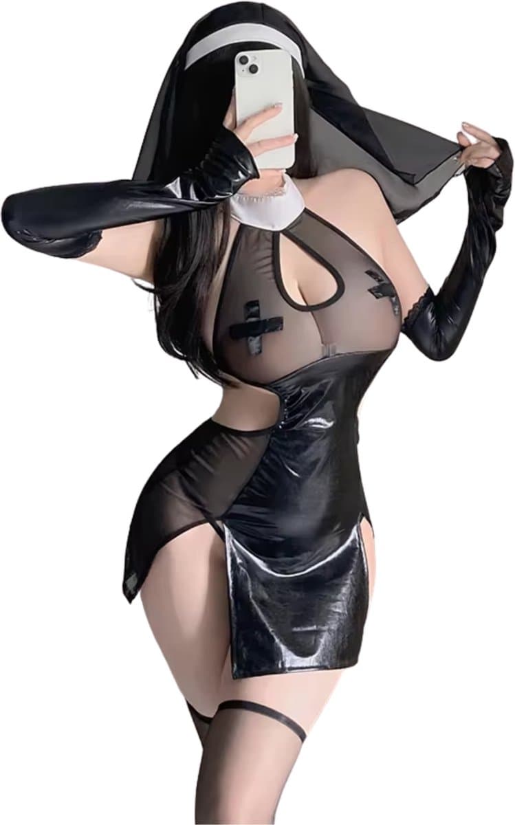 Sexy Nonnen Pakje - 3-Delig Non/Zuster Kostuum Rollenspel - Cosplay & Roleplay - Anime - Latex-look - Jurk, Sluier en Handschoenen - Zwart - M — afbeelding 1