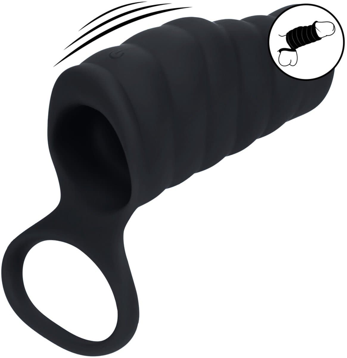 Vibrerende Geribbelde Siliconen Cock Sleeve en Ball Ring - Zwart — afbeelding 1