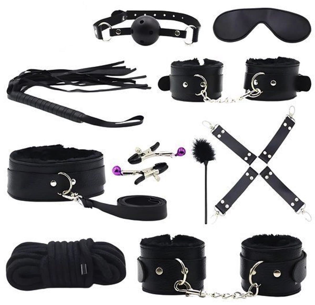BDSM Set - 10 Delig - Gag Ball & Zweep - Seksspeeltjes - Handboeien - Zwart — afbeelding 1
