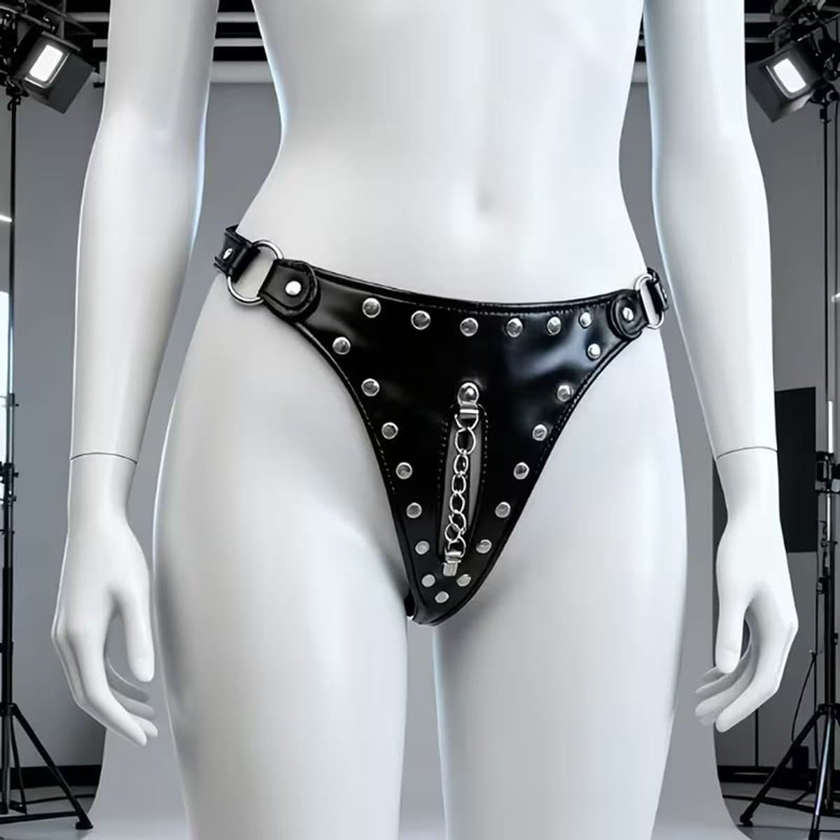 Sexy PU-Lederen Kuisheidsgordel G-String met Studs en Ketting - Verstelbare BDSM Lingerie Vrouwen - One Size SM Harnas — afbeelding 1
