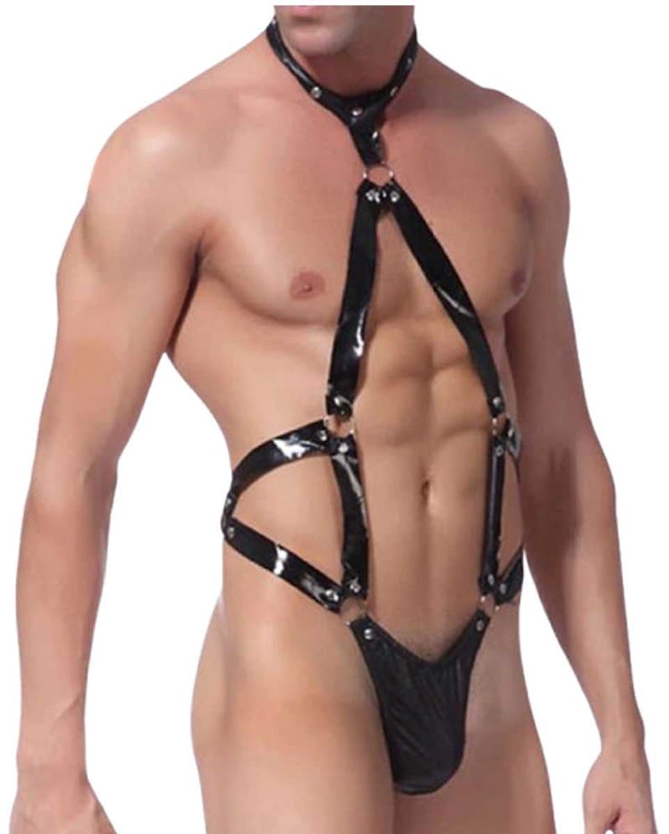Micro Jumpsuit - Heren - PU Leder - 60 t/m 90KG - Erotisch - Harnas - Zwart — afbeelding 1