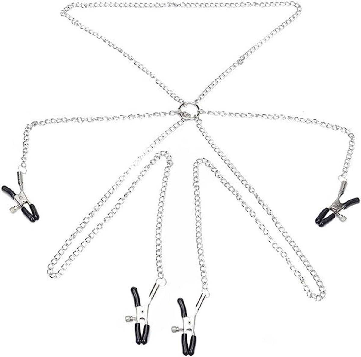 Nooitmeersaai - Tepel- schaamlipklemmen set - Metaal - Zilverkleurig - incl. ketting — afbeelding 1