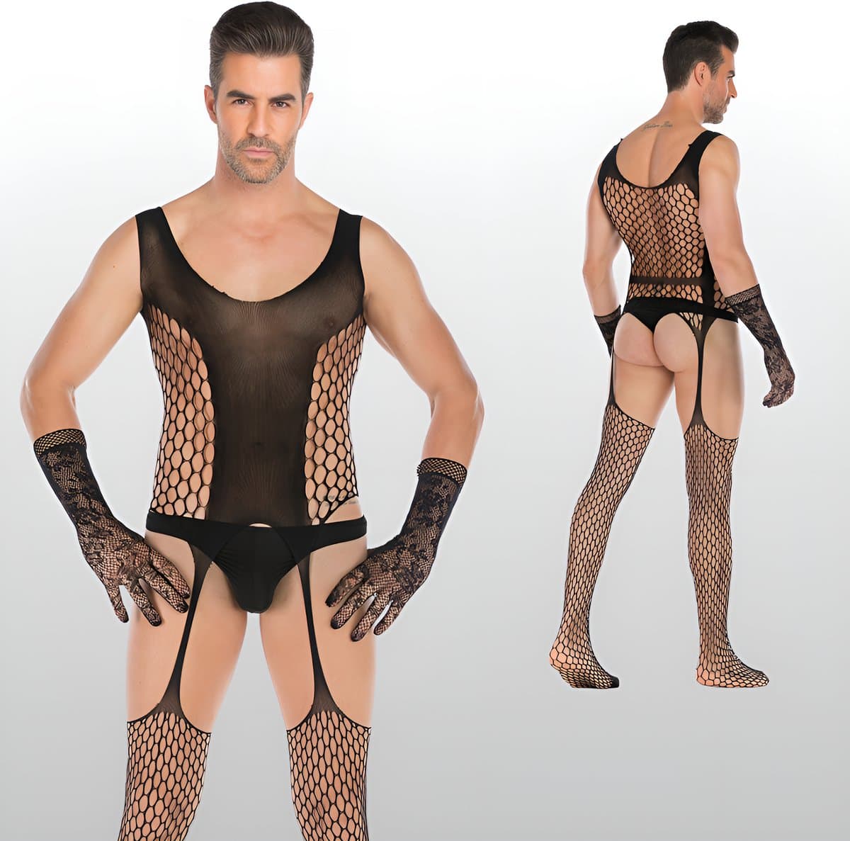 Heren Bodystocking Jarretel Design - Zwart - Visnet - Sexy Herenondergoed - One Size S-XL (46-52) | LS159 — afbeelding 1