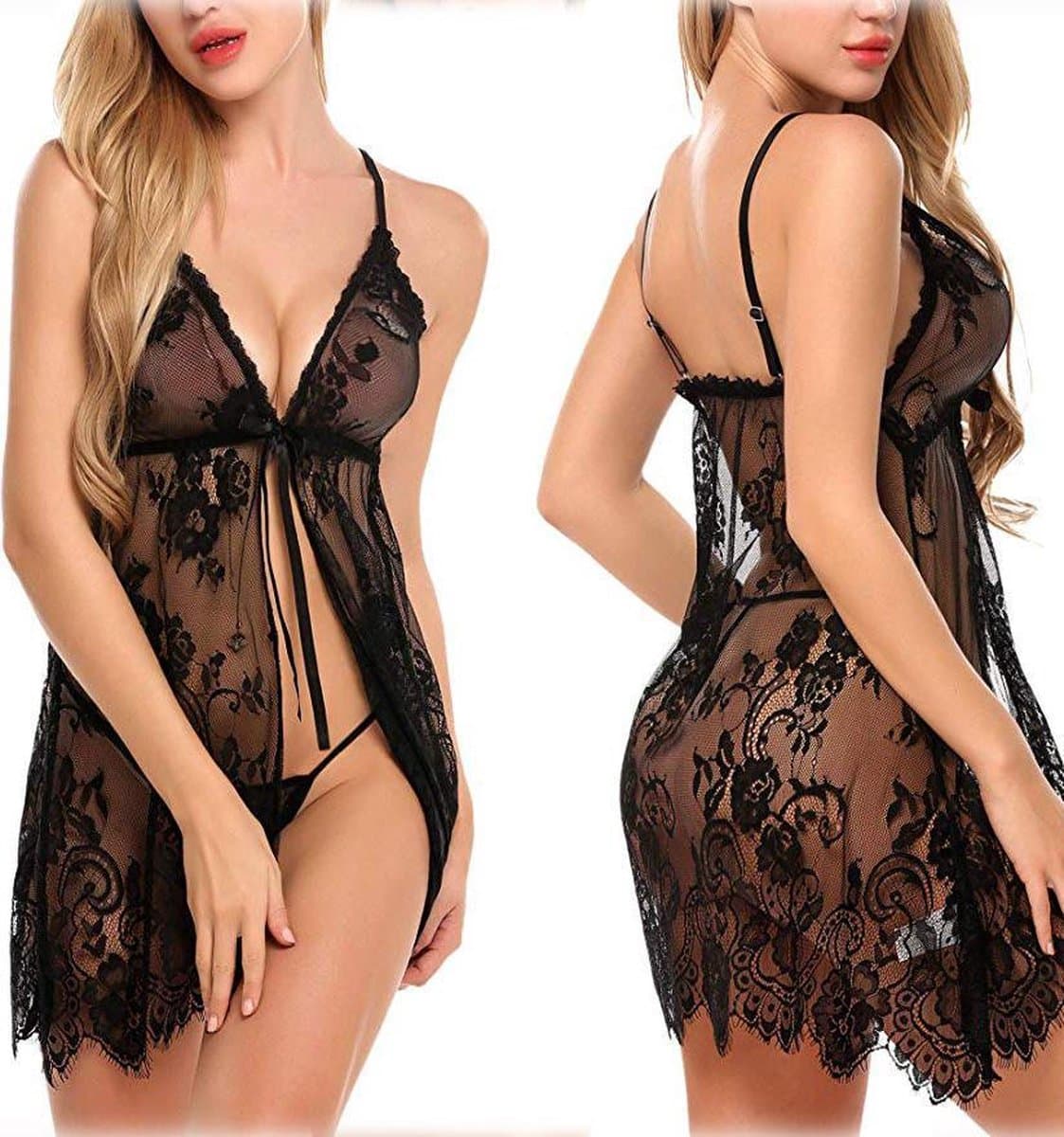 Prachtige complete Sexy NachtJurk met String, Nachtmode, sexy Lingerie, Erotische Kimono,Sexy Pyjama dames Nachtjapon "Zwart",maatM — afbeelding 1