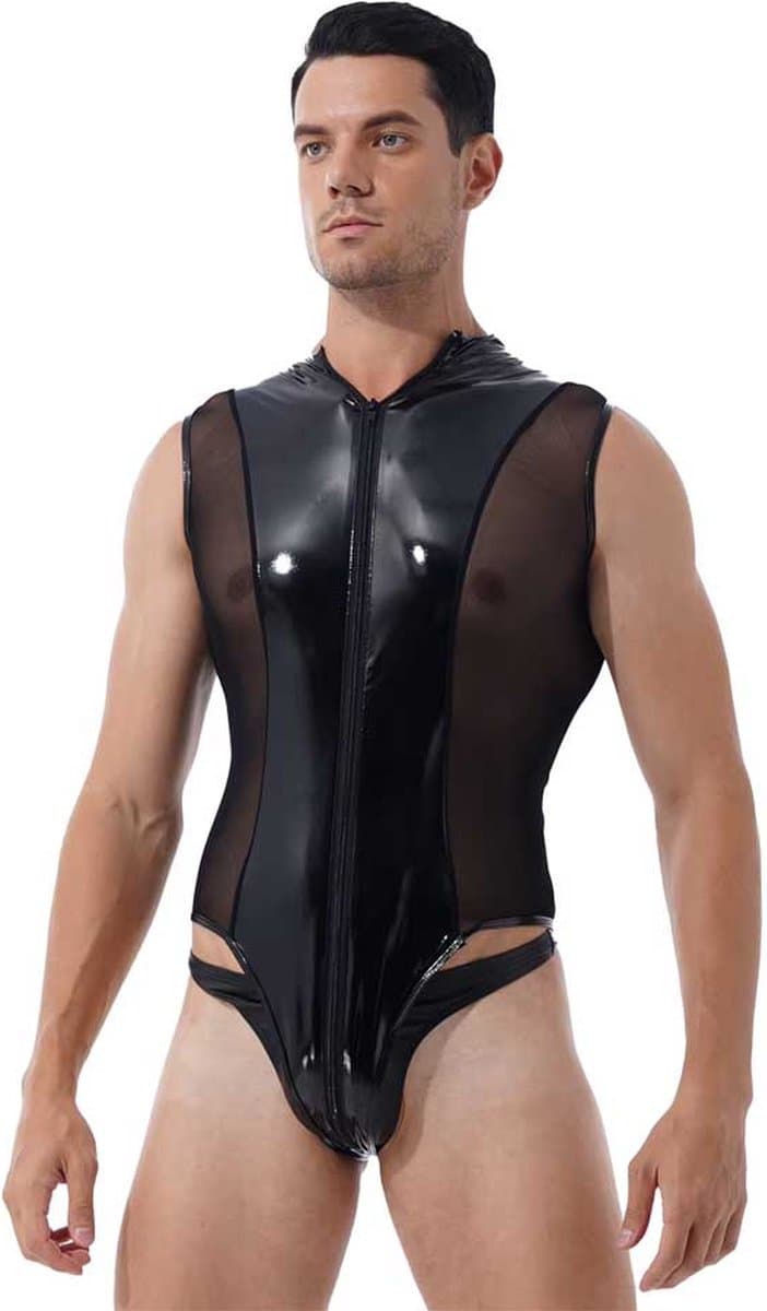 Mannen latex wetlook Catsuit - Erotische bodysuit PU Leder - Jumpsuit - Mouwloos - Transparante zijkanten - Ritssluiting — afbeelding 1