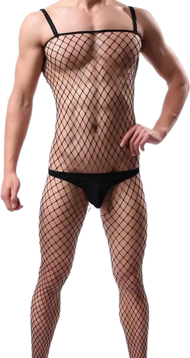 LekkerStout Visnet Bodysuit - Open Kruis - Zwart - Sexy Herenlingerie | M-XL | ( LS140 ) — afbeelding 1