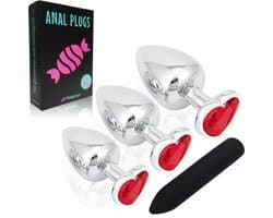CheekyTreats Metalen Buttplug Set – 3-delig met Vibrator – Luxe Zwaar Model met Rode Kristal – Gepolijst Metaal – Voor Mannen en Vrouwen