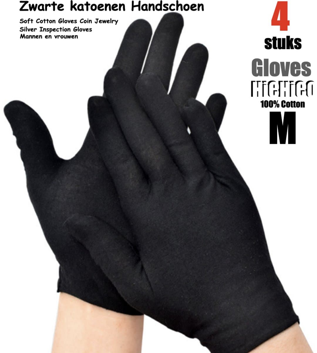 Katoenen handschoenen Zwart medium 4stuks – 2paar Beschermende Handschoenen - Medium - Gezondheidszorg - Ziekenhuis - Beauty Center, Kapper en Salon Spa Tattoo – Jewelry - eczeem / allergie / handcreme - juweliers / munt handschoen — afbeelding 1