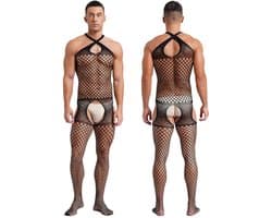 LekkerStout Heren Visnet Bodystocking - Zwart - Open Kruis - One Size M-XL | LS083