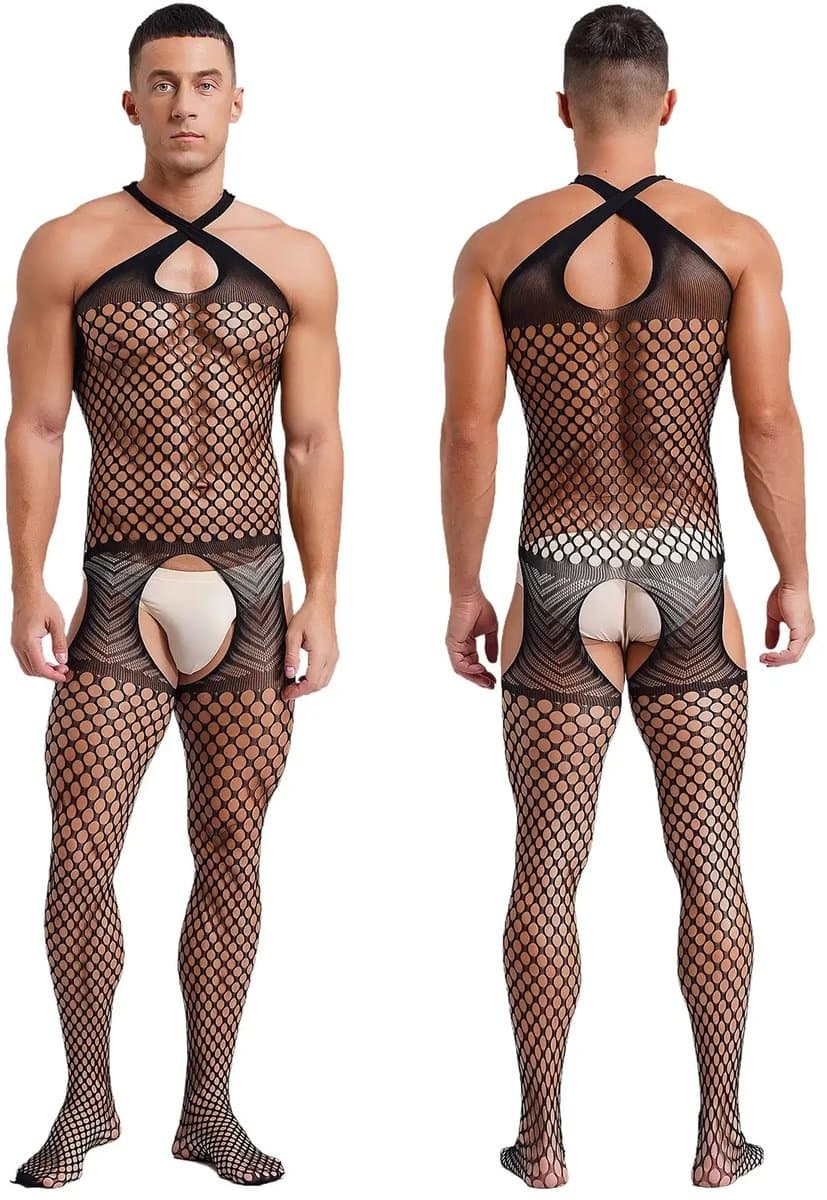 LekkerStout Heren Visnet Bodystocking - Zwart - Open Kruis - One Size M-XL | LS083 — afbeelding 1