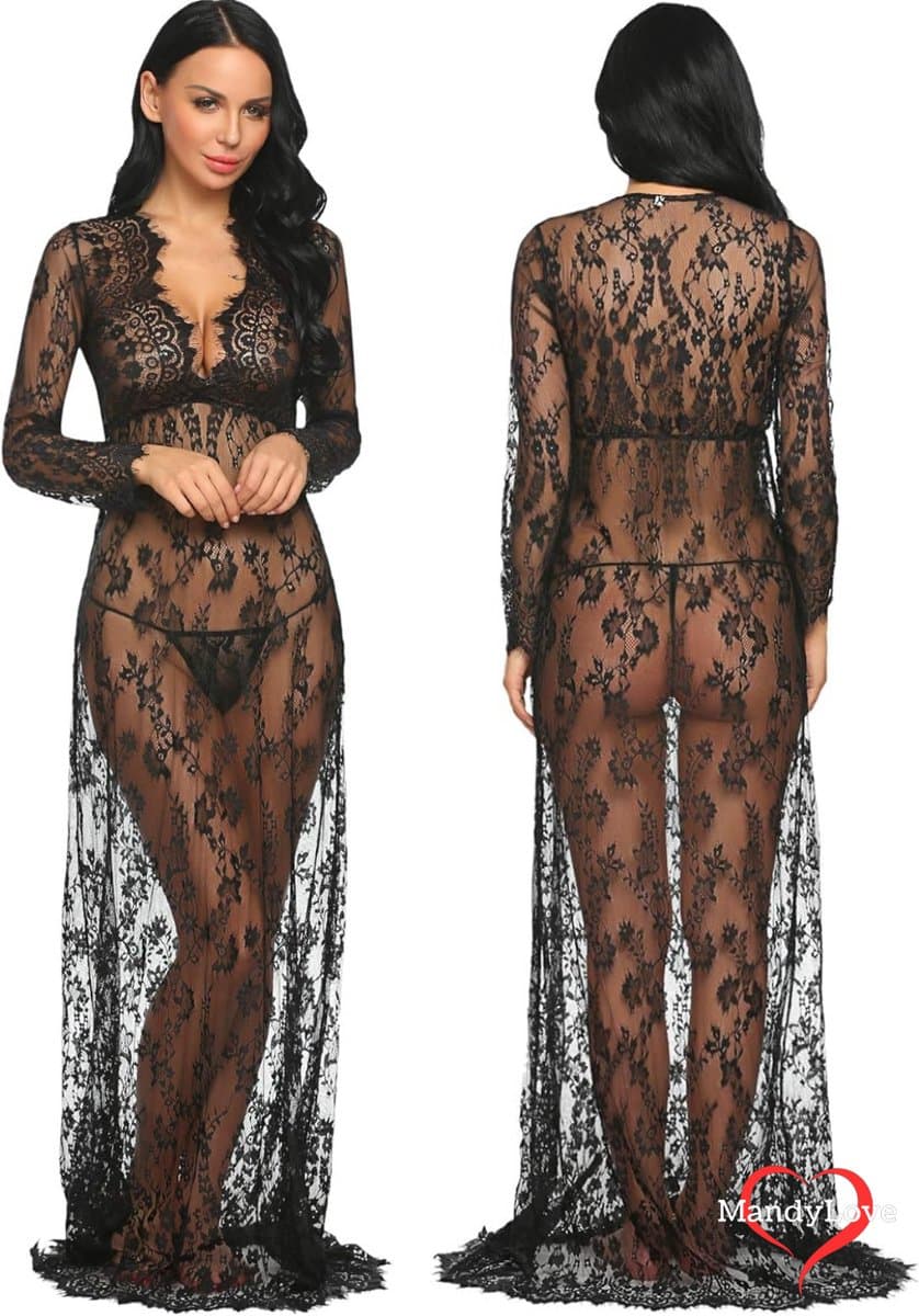 Verleidelijke transparante zwart kanten maxi jurk met lange mouwen – Sexy lingerie jurk nachtkleding - Cover-up jurk - Strandjurk - Sexy kleding - Transparent white lace maxi dress with long sleeves — afbeelding 1