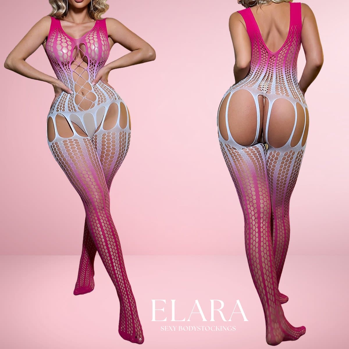 Elara - Seliora - Bodystocking Erotische Lingerie met Open Kruis - Catsuit - S t/m XL - Sexy Dames Lingerie - Roze/Wit — afbeelding 1