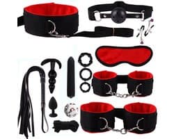 15-delige BDSM Sex Speeltjes Set - Erotische Bondage Set met Vibrator, Handboeien, Buttplugs, Zweep, en Meer - Volwassen Speelgoed voor BDSM Spelletjes en Intiem Spel - Rood