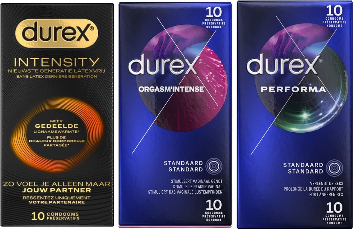 Durex - 30 stuks Condooms - Intensity 10st Nieuwste generatie ultradun, gedeelde lichaamswarmte - Orgasm Intense met Stimulerende Gel 10st - Performa vertragende effect 10st - Voordeelverpakking — afbeelding 1