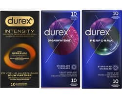 Durex - 30 stuks Condooms - Intensity 10st Nieuwste generatie ultradun, gedeelde lichaamswarmte - Orgasm Intense met Stimulerende Gel 10st - Performa vertragende effect 10st - Voordeelverpakking