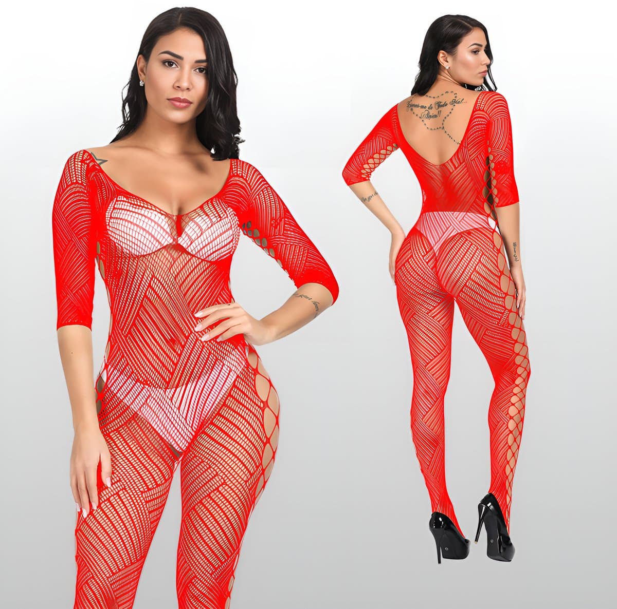 Rode Catsuit met Open Design - Sexy Lingerie - Visnet - One Size S-L (36-40) | LS390 — afbeelding 1