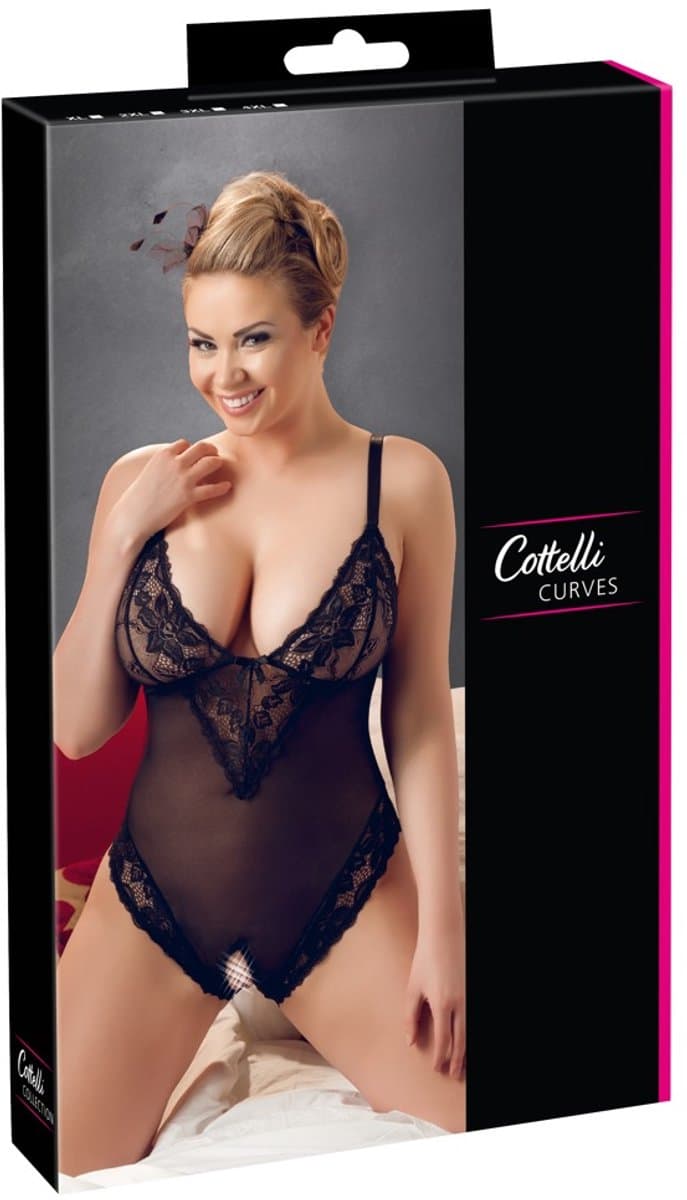 Cottelli Plus Size – Sexy Body met Open Kruis en Kanten Motieven Langs Randen voor Speciale Dates – Maat 3XL – Zwart — afbeelding 1