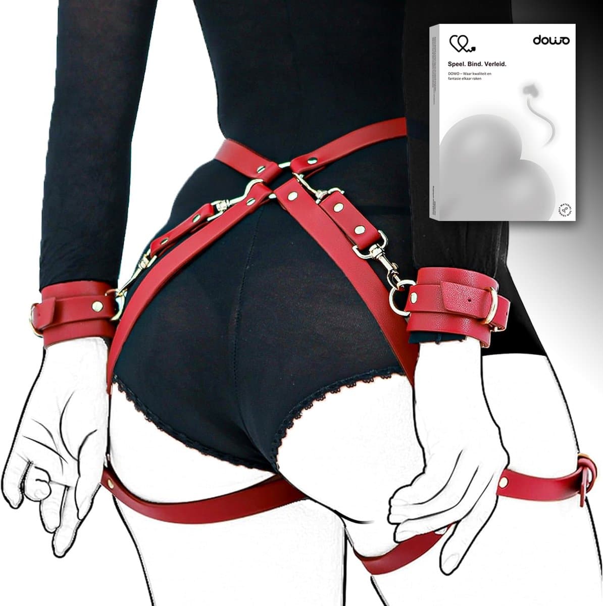 DOWO® - Body Bondage - Handboeien - Kleding Accessoires - Sexy Lingerie - Erotiek Riem - SM BDSM - Leer- Harnas Vrouwen - Sextoys voor vrouwen - Rood — afbeelding 1