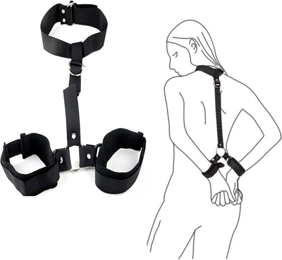 BDSM Bondage Harnas - Zwart - Stevig en Verstelbaar - Sex Toy - Handboeien - Hals - Sexy Dames / Heren Lingerie - One Size — afbeelding 1