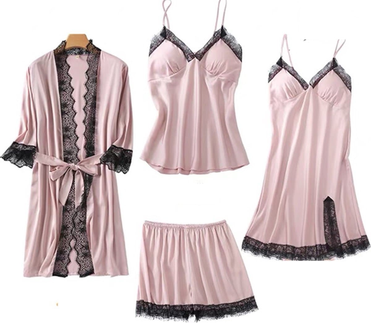 Xd Xtreme - 4-delig - Nachtkledingset roze / zwart M - nachtkleding - kimono - nachtjapon - badjas - ochtendjas - satijn - lingerie set - bodysuit - sexy - pyjama short en top - sleepwear - loungewear - neglige — afbeelding 1