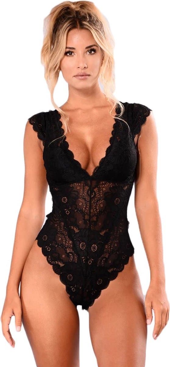 Bodysuit dames. Zwart kant. Mooie open rug. Sexy en verleidelijk. Maat L. — afbeelding 1