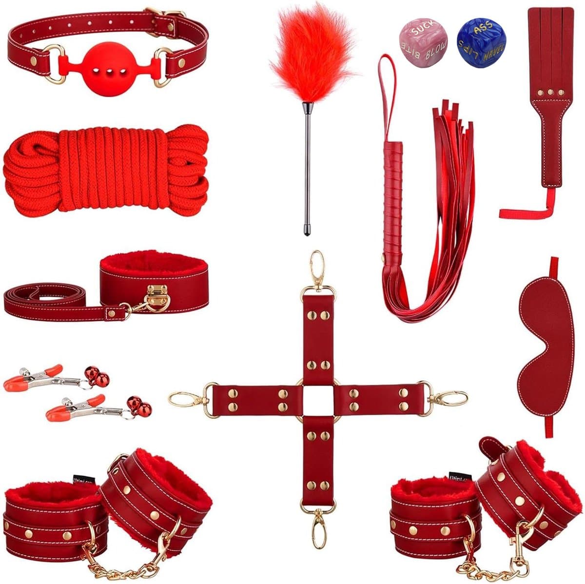DOWO® - BDSM Extreme Bondage Set - 16 Delig - Erotische Dobbelsteen - SM Handboeien - Zweep / Veer / Zweepje - Sex Toys voor Koppels - Seksspeeltjes voor Mannen en Vrouwen - Sex Pakket en Toys - Rood — afbeelding 1