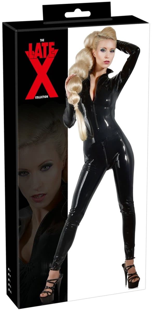LateX – Latex Catsuit voor Strak en Spannend Gevoel met Open Kraag en Rits Sluiting Maat L – Zwart — afbeelding 1