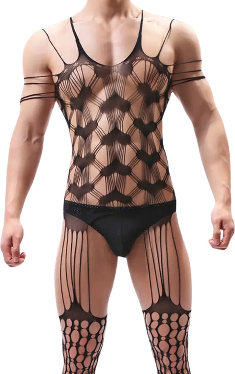 LekkerStout Heren Bodysuit - Hartjesprint - Zwart - Sexy Herenlingerie | S-L | ( LS176 ) — afbeelding 1