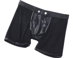 LekkerStout PU Boxershort Met lange Pijpen - Open Kruis - Zwart - Sexy Herenondergoed | XL | ( LS067 )