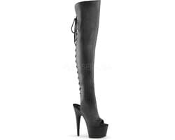 Adore-3019 plateau peeptoe overknee laars met open hiel en stiletto hak mat zwart - (EU 38 = US 8) - Pleaser