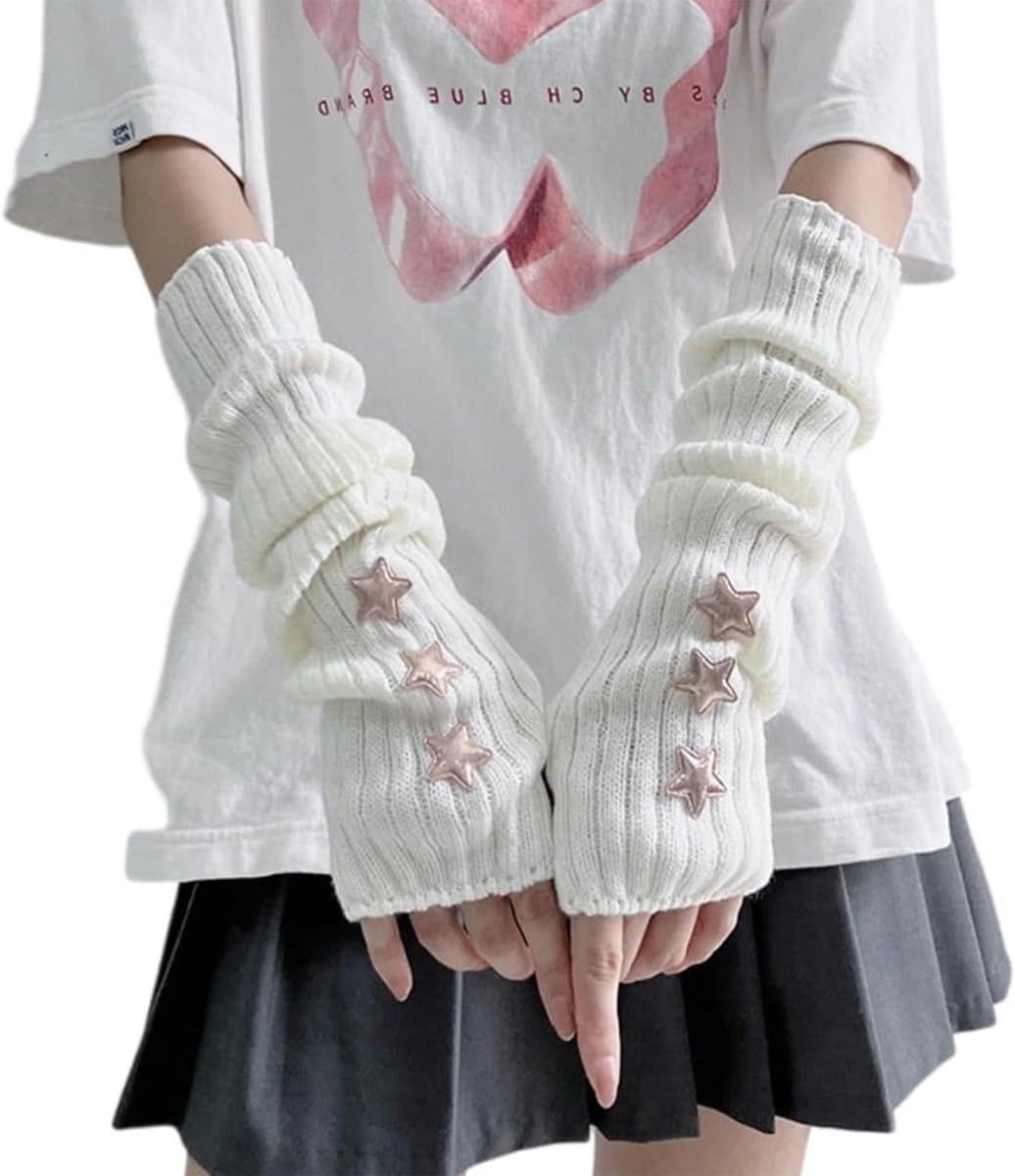 1 paar zachte witte vingerloze handschoenen met sterversiering voor Goth-outfits en armwarmers voor dames Femboy kleding - Y2K esthetische Grunge stijl — afbeelding 1