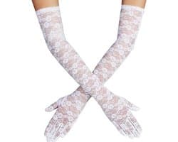 1 Paar Dames Kanten Handschoenen Lange Elegante Theekransje Engagement Dans Cocktail Party Opera Handschoenen, wit