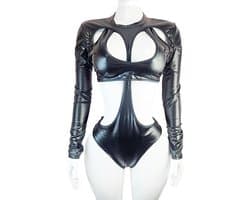 Jumpsuit - Maat S/M - Sexy bodysuit catsuit pak met openingen Wetlook Zwart