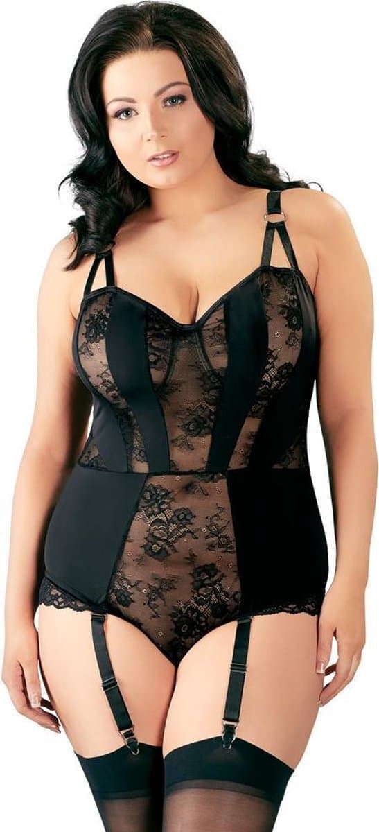 Cottelli Plus Size – Jarretel Body Lingerie Set met Transparante Delen en Verticale Stukken Vrouwelijk en Uitdagend – Maat 90F/XL – Zwart — afbeelding 1