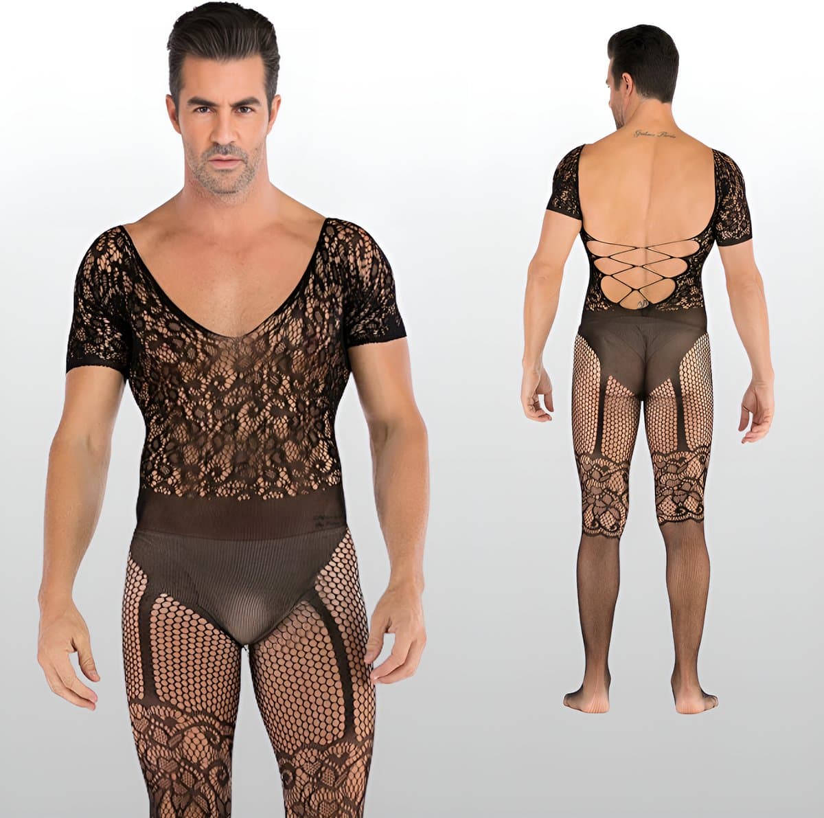 LekkerStout Heren Catsuit met Open Kruis - Zwart - Visnet Herenlingerie - One Size S-XL | LS141 — afbeelding 1