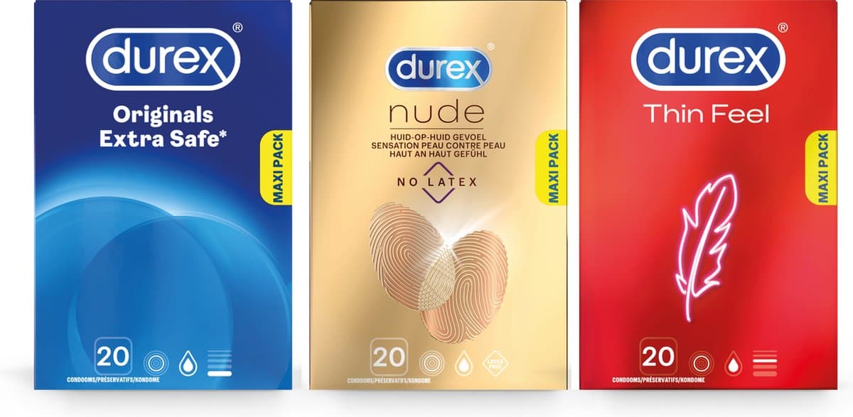 Durex - 60 stuks Condooms - Extra Safe 1x20 stuks - Nude No Latex 1x20 stuks - Thin Feel 1x20 stuks - Voordeelverpakking — afbeelding 1